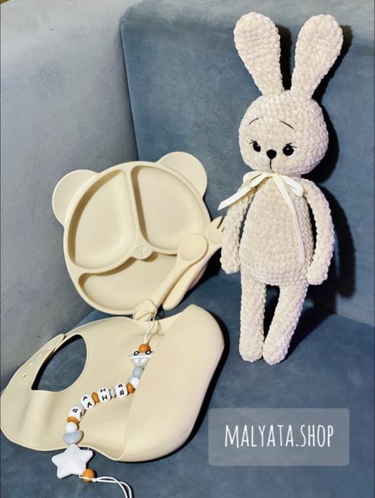 Силіконовий посуд для першого прикорму, секційна тарілка, нагрудник