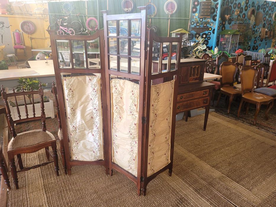 Biombo antigo em madeira e vidro - óptimo estado geral