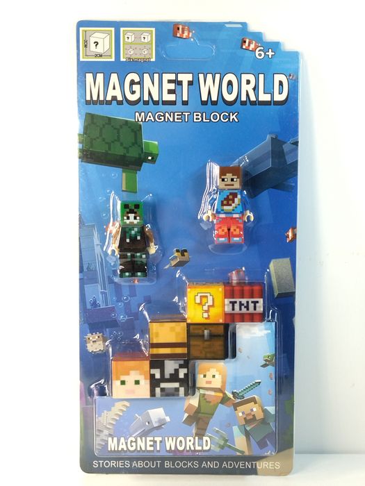 Конструктор магнитный  Майнкрафт, 6 кубиков + 2 фигурки.