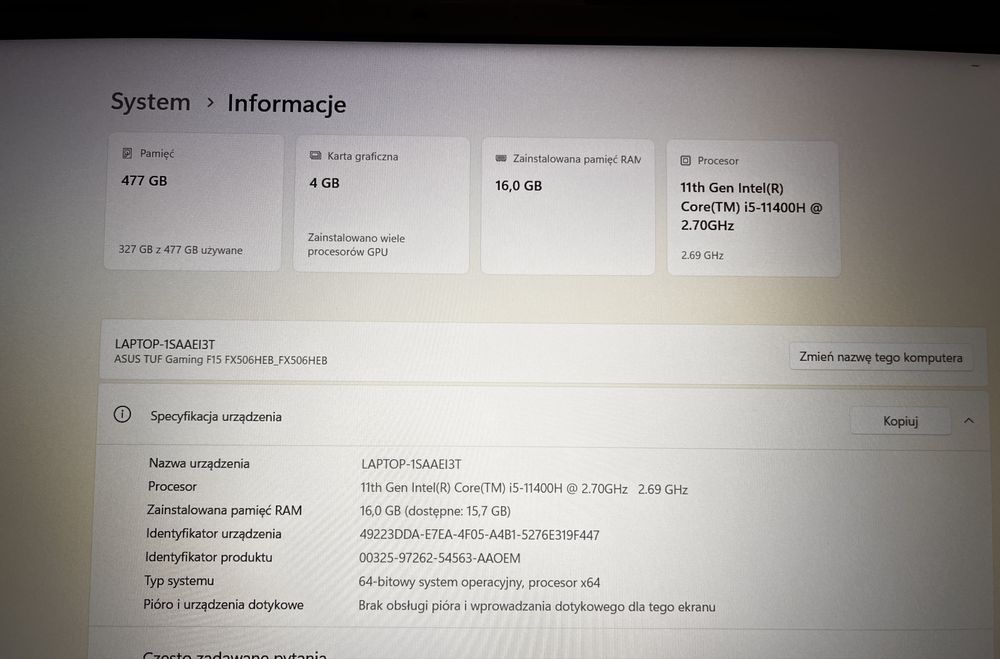 ASUS Tuf Gaming F15 / Intel Core i5-11400H / RTX 3050 TI / 16GB RAM