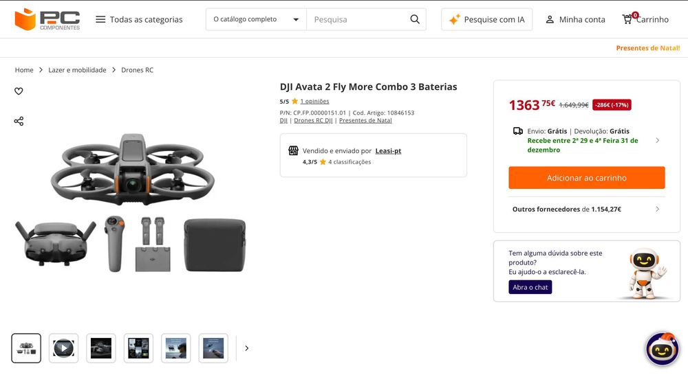 DJI Avata 2 | 3 Baterias | DJI Care | Cartão 128GB | Filtro de lente.