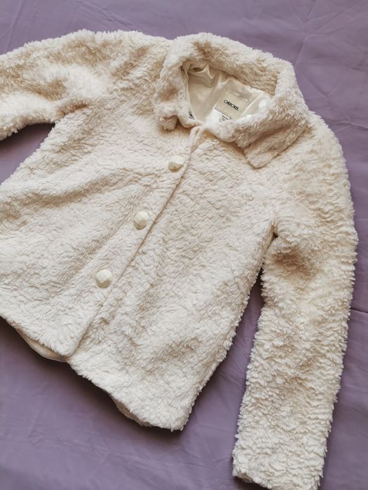 Futerko białe ecru kremowe beżowe futro miś S M eleganckie vintage