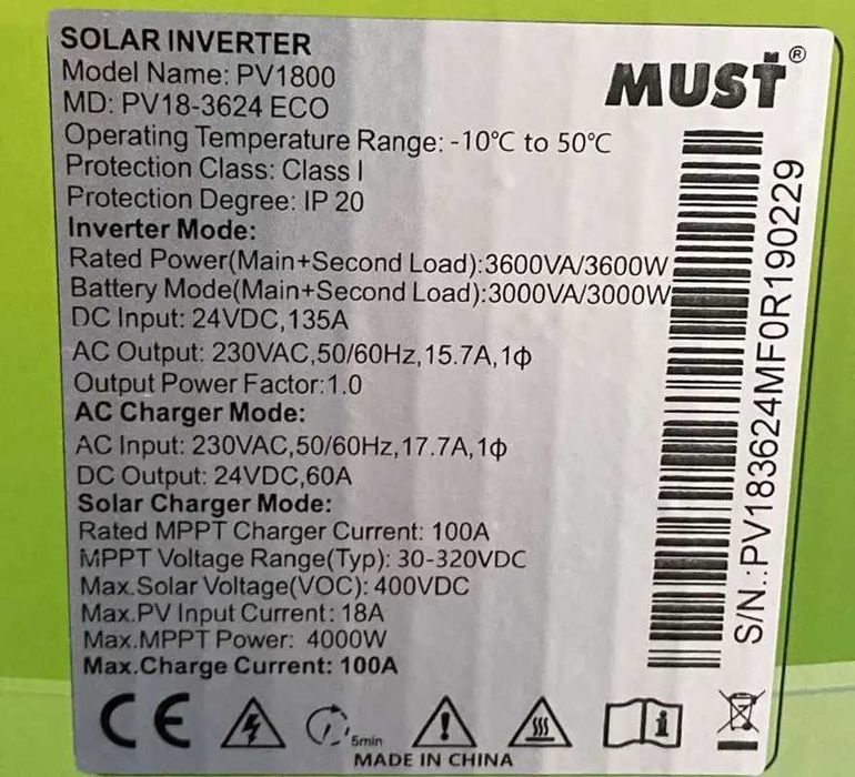 Гібридний інвертор MUST PV18-3624ECO, 3600W, 24V, струм заряду 60A