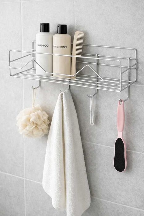 Настенная металлическая полка с крючками на липучках 27×11  см