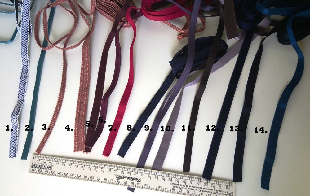 Тесьма/резинка бретелечная различных цветов для пошива бюстгальтеров.