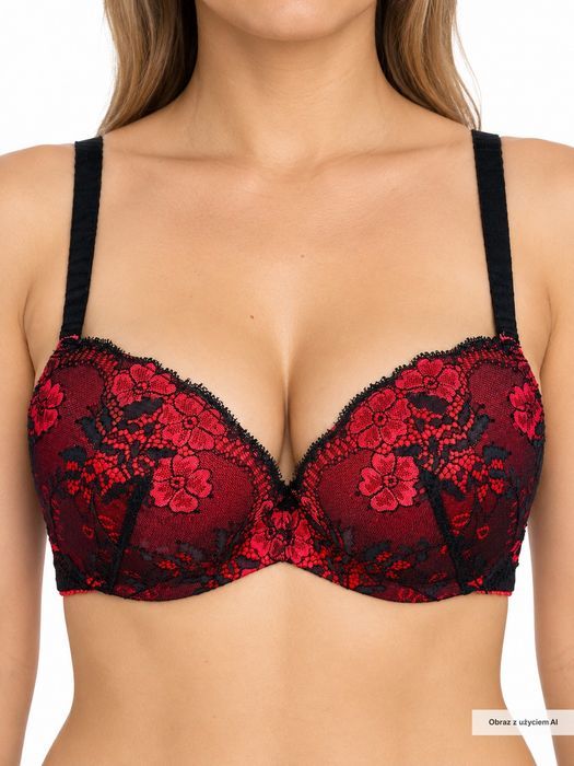 Biustonosz push-up koronkowy czerwono-czarny dark romantic 70DD