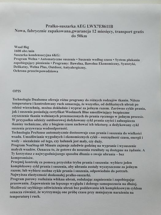 Nowa pralko-suszarka AEG LWX7E8611B