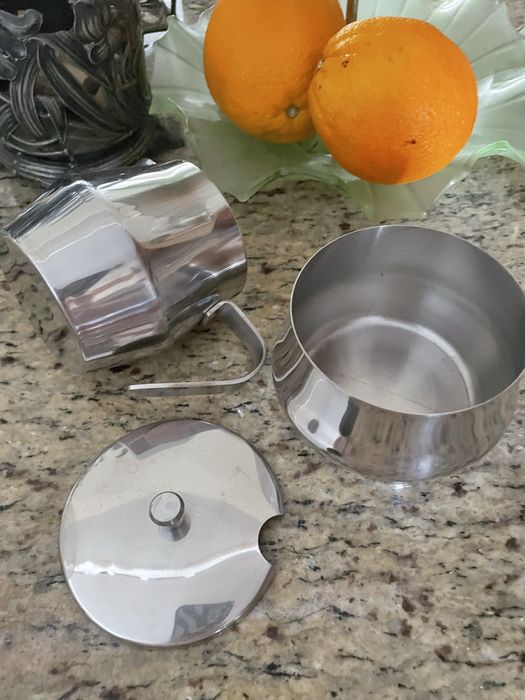 Zestaw mlecznik z cukierniczką  stary stal nierdzewna vintage