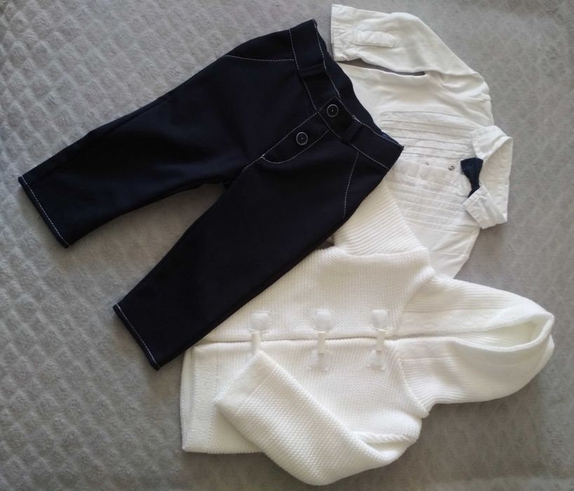 Komplet chłopię chrzest r.74 Body spodnie sweter kaptur wiosna Artex