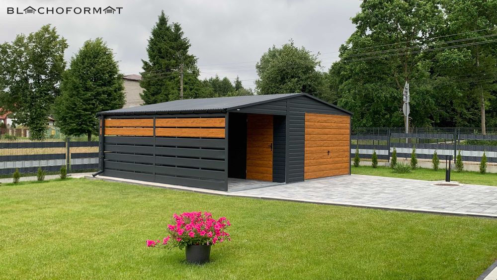 Garaż blaszany 3x5 + 6x5 wiata z profila drewnopodobny