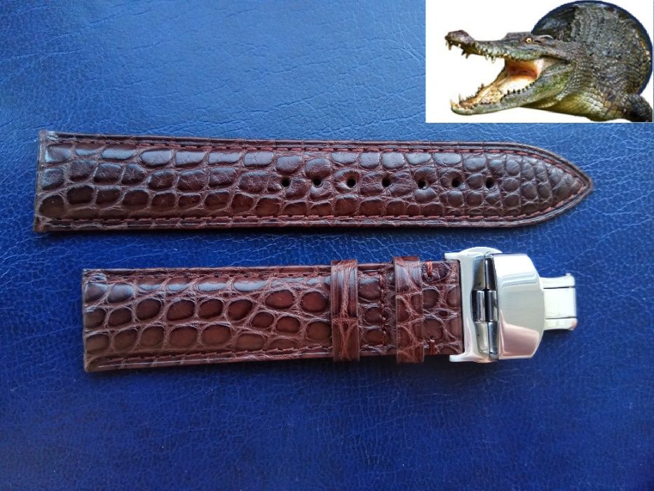 Коричневый ремешок из нат. крокодиловой кожи с серебристой "бабочкой"