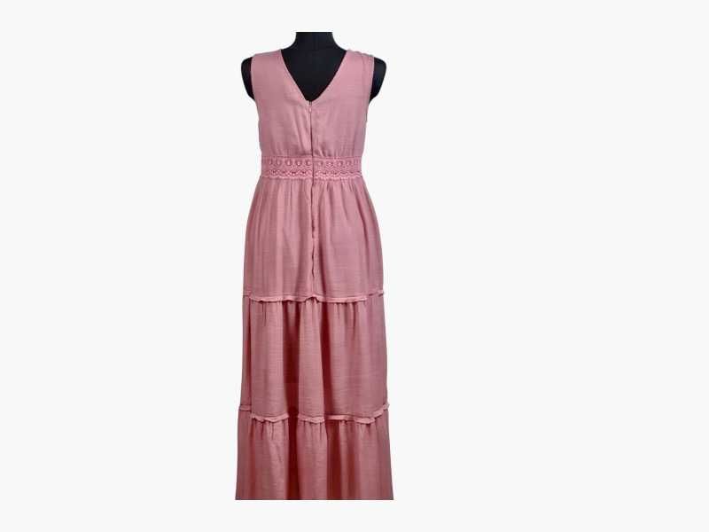 Sukienka maxi Rebellion, pudrowy róż, koronka boho L/40
