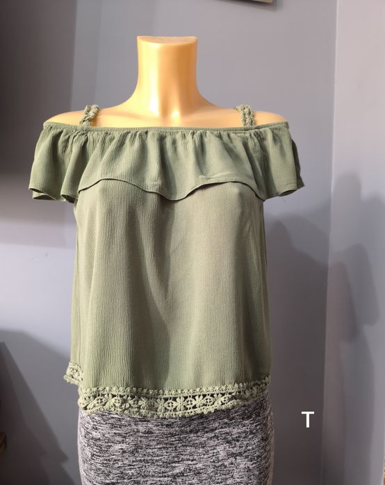 top 158 XS S bluzka koszulka hiszpanka na ramiączkach falbanka khaki v