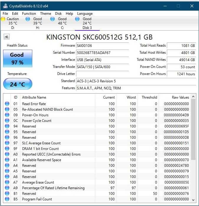 SSD 2.5 512Gb Sata Kingston SKC600512G 3D TLC NAND