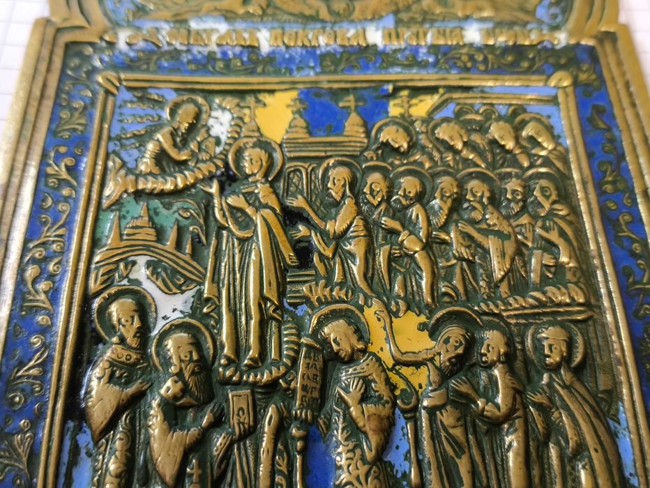 Редчайшая Икона R9 Покрова Пресвятой Богородицы 19 век, 6 цветов эмали