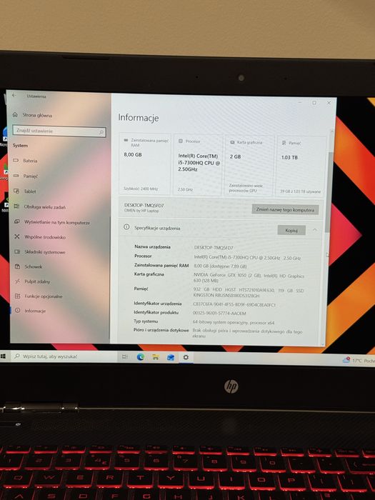 Laptop Gamingowy HP Omen 15 i5HQ,8GB,GTX1050,SSD+HDD 1TB