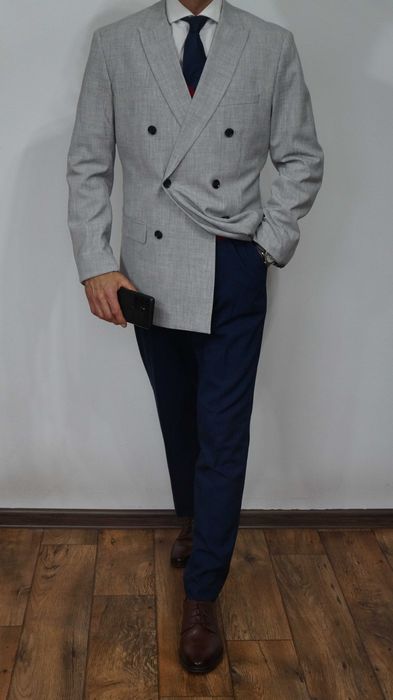 Marynarka Dwurzędowy H&M Rozmiar 52 Kolor Szary Jasny Slim Fit