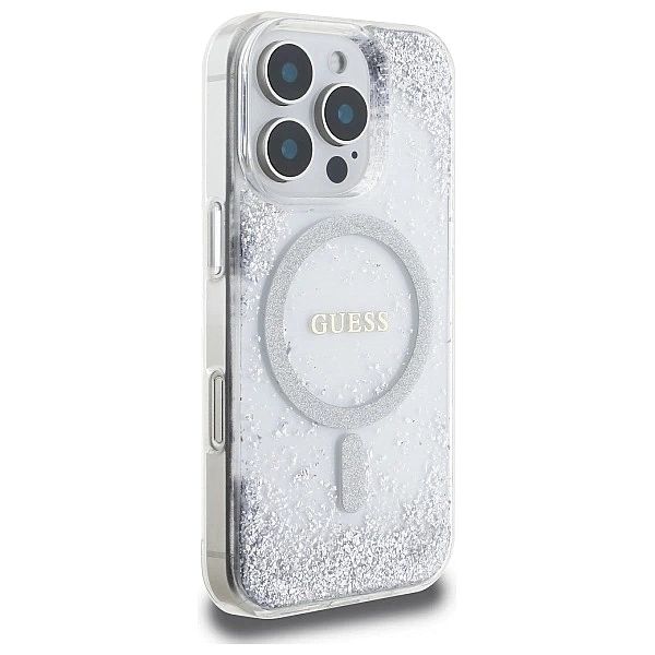 Etui Guess Resin Gradient Glitter MagSafe na iPhone 16 Pro - srebrne
