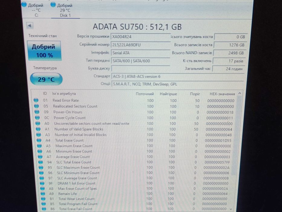 НОВИЙ! SSD диск ADATA SU750 512GB 100% здоровя! ВІДМІННИЙ СТАН