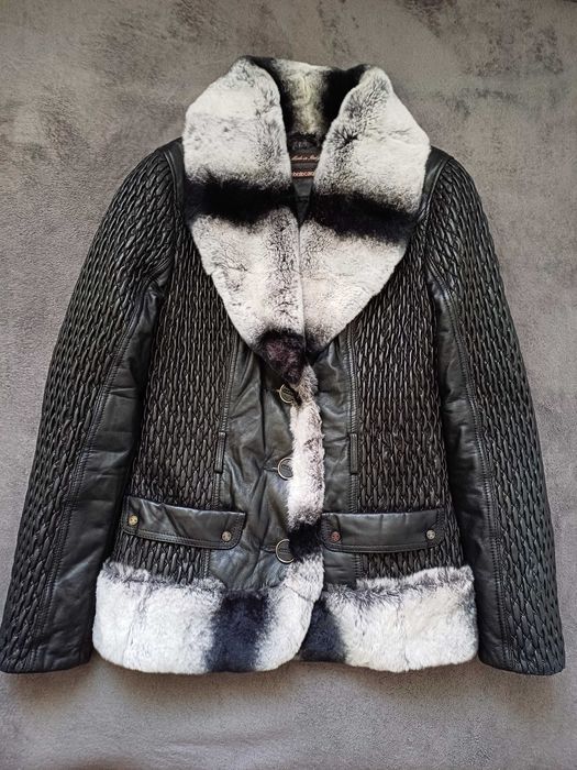 Roberto Cavalli skórzana kurtka ozdobiona futrem królika rozmiar M
