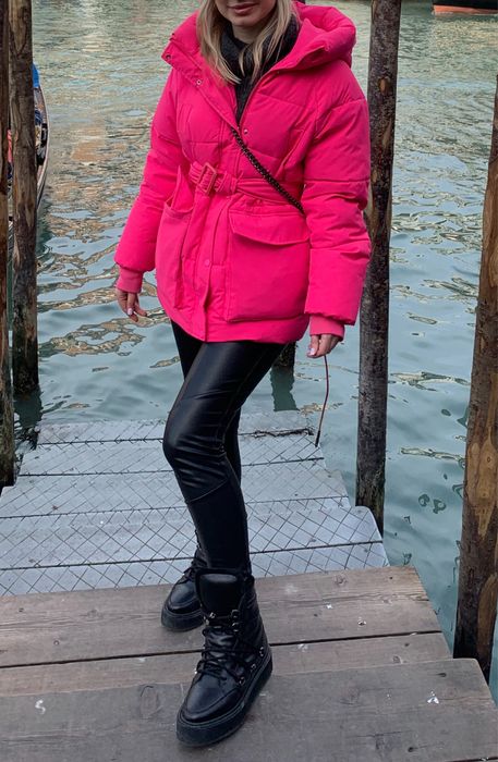 Куртка пуховик зимняя женская розовая матовая  размер L
