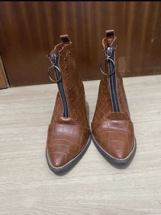 Cognac Brown Croc-Embossed Ankle Boots with Front Ring-Zip & Stud Details