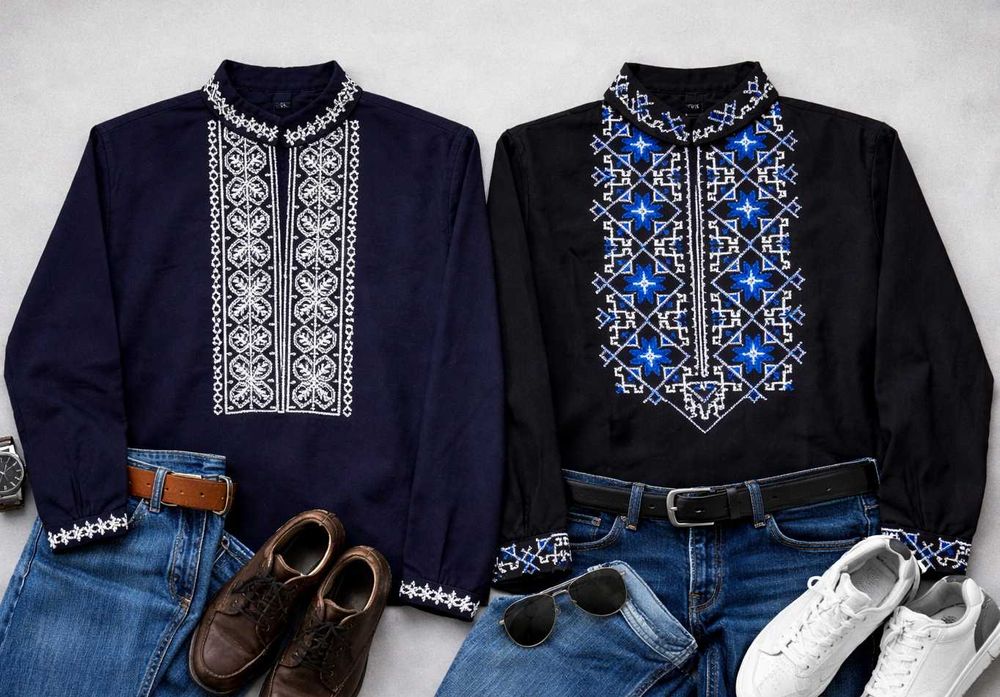 Вишиванка дитяча для хлопчика шкільна з довгим рукавом темно синя