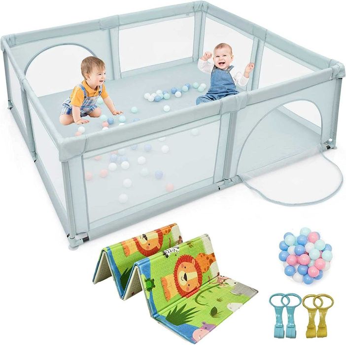 Duży kojec dla dziecka niemowląt z 50 niebieskimi kulkami, suchy basen