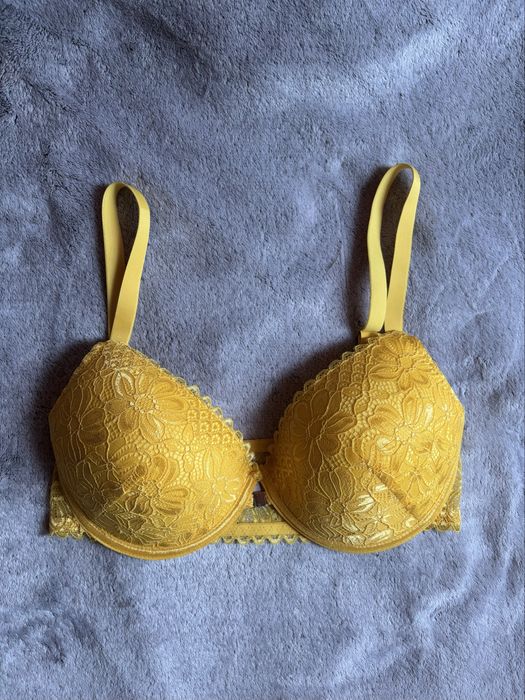 Żółty stanik zapinany z przodu, letni, koronkowy, 80D, kolor słonecznikowy