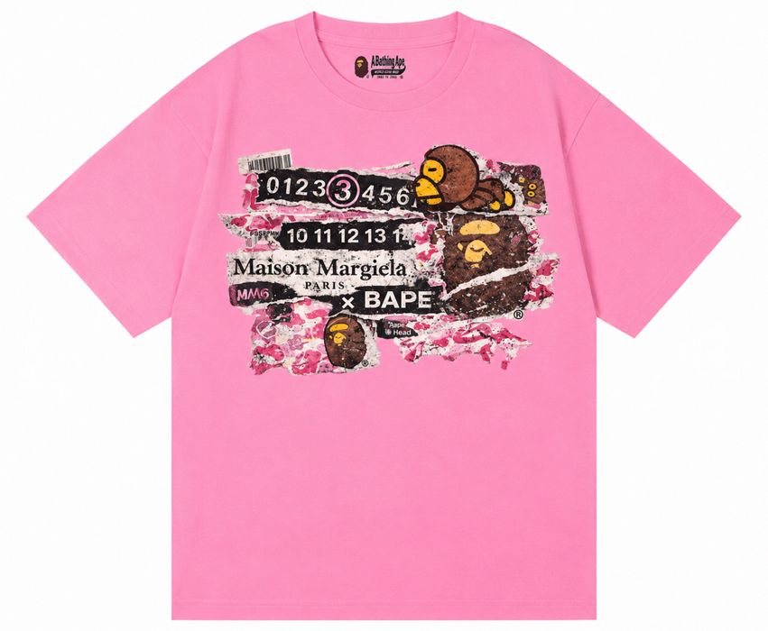 Футболки Maison Margiela Paris x Bape Logo Pink унисекс Коллоборация Мейсон марджела и Бейп Новинка на лето