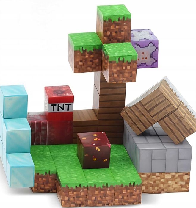 Klocki magnetyczne 50 el. sześciany Minecraft styl + 2 figurki NOWOŚĆ