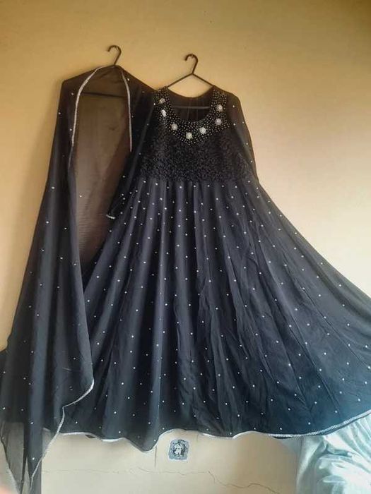 Black Pakistani Indian Bollywood Anarkali Dress Long Maxi for Wedding Party with Chiffon Dupatta