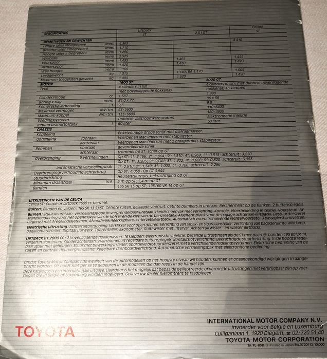Revista Promocional Toyota Celica 1987