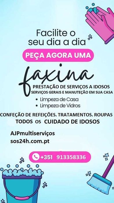 Tomamos conta de serviços gerais a pessoas  idosas. Fazemos todos serviços limpezas e manutenção casa e obras etc ...a pessoas idosas