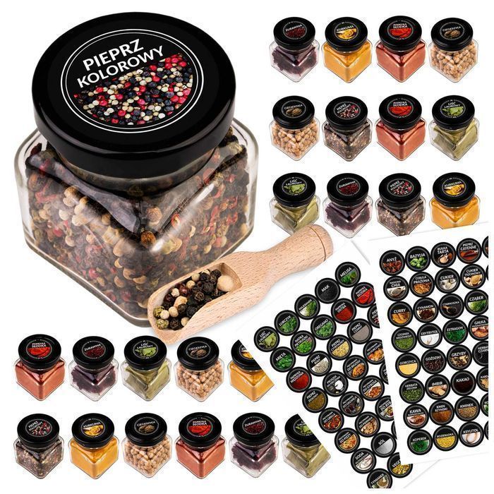 20 sztuk słoiczki pojemniki na przyprawy 120 ml + ETYKIETY + NABIERAK