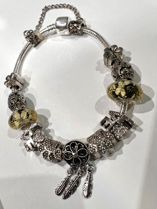 Posrebrzana bransoletka z charmsami, styl Pandora, nowa