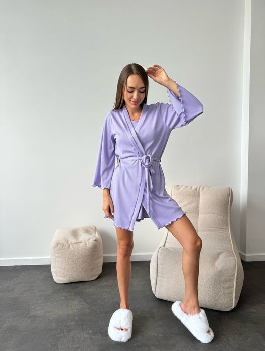 Набір 3 в 1 в рубчик піжама + халат топ шорти