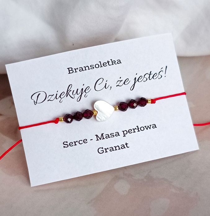 Bransoletka kamienie naturalne serce granat czerwony sznurek