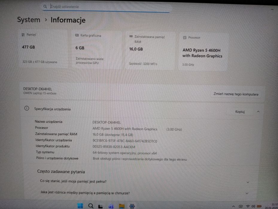 Laptop gamingowy HP OMEN Ryzen 5 GTX1660Ti 16GB 512SSD Win11 stan bdb