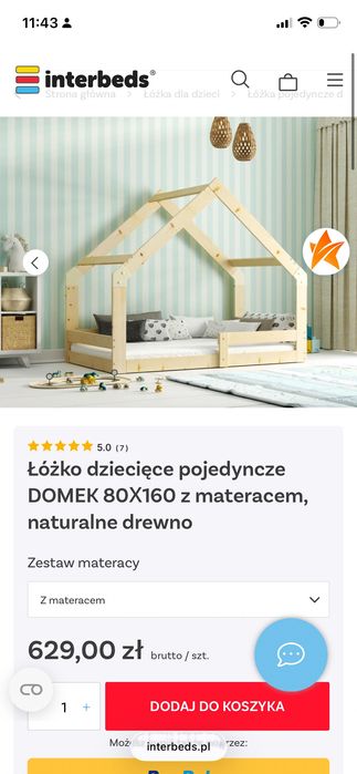 Łóżko domek dla dziecka drewniane 80x160 z materacem