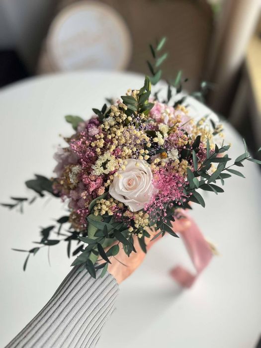 Bukiet ślubny i butonierka  z kwiatów stabilizowanych, ozdoba dekoracja