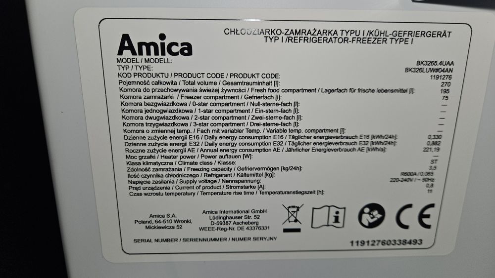 NOWA Lodówka AMICA do zabudowy BK3265.4Ui(E)