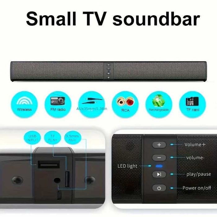 Sistema de Som Soundbar 20W  Surround 3D 5.0, Carga Rápida -C, para TV