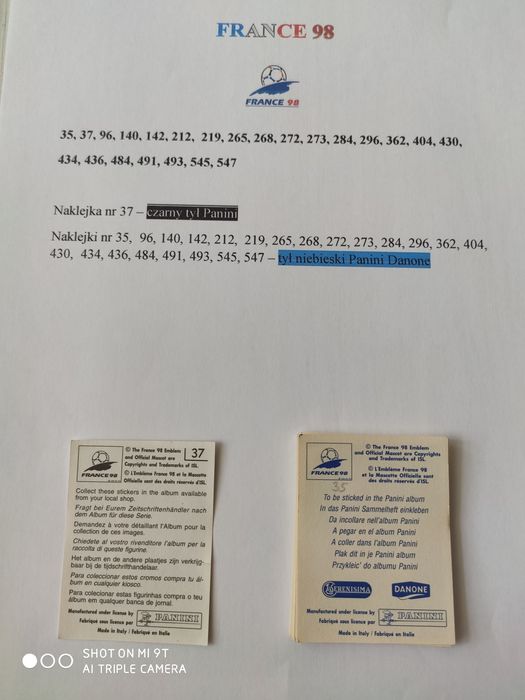 Naklejki Panini Mistrzostwa Świata Francja 1998