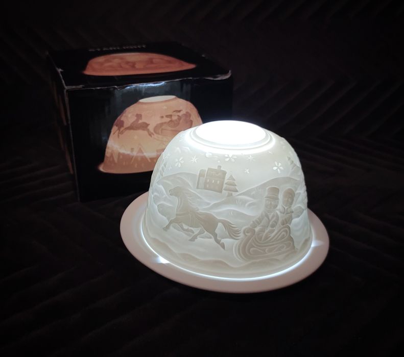 Porcelanowy lampion, świecznik tea light, zima, święta, kulig