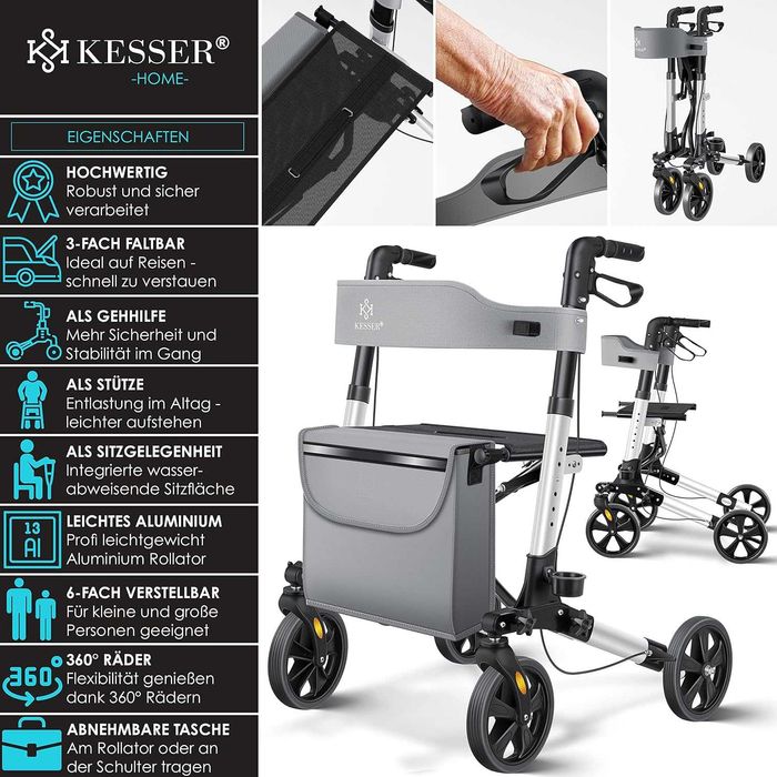 Aluminiowy chodzik, lekki,podróżny z wyposażeniem KESSER , Szary
