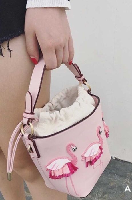 Стильная сумка ведро, сумочка в руку с фламинго