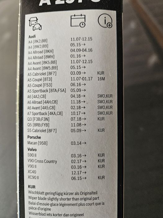 Pióra wycieraczeki bosch przód audi a4 b9