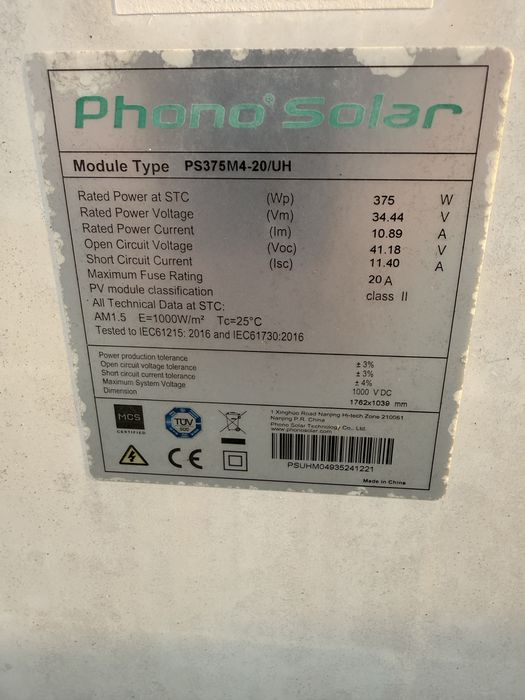 3 x Paineis solares 375W + inversor SAJ