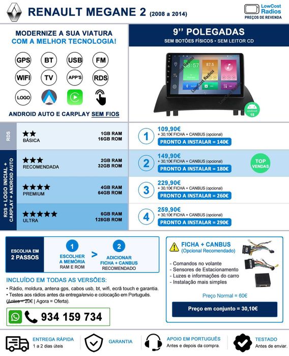 *(NOVO) Auto Rádio 9' RENAULT MEGANE 2 | GPS ANDROID BT USB APPS WIFI | CARPLAY • ANDROID AUTO